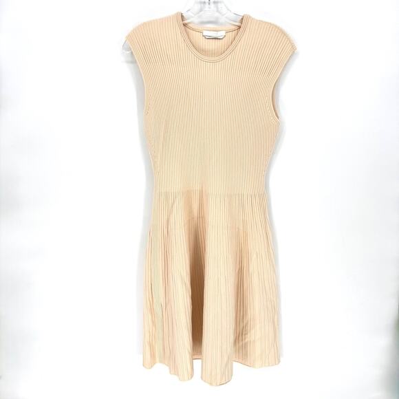 BOSS Hugo Boss Ribbed Knit Fit Flare Dress Sleeveless Beige Made in Italy Women - Picture 2 of 9